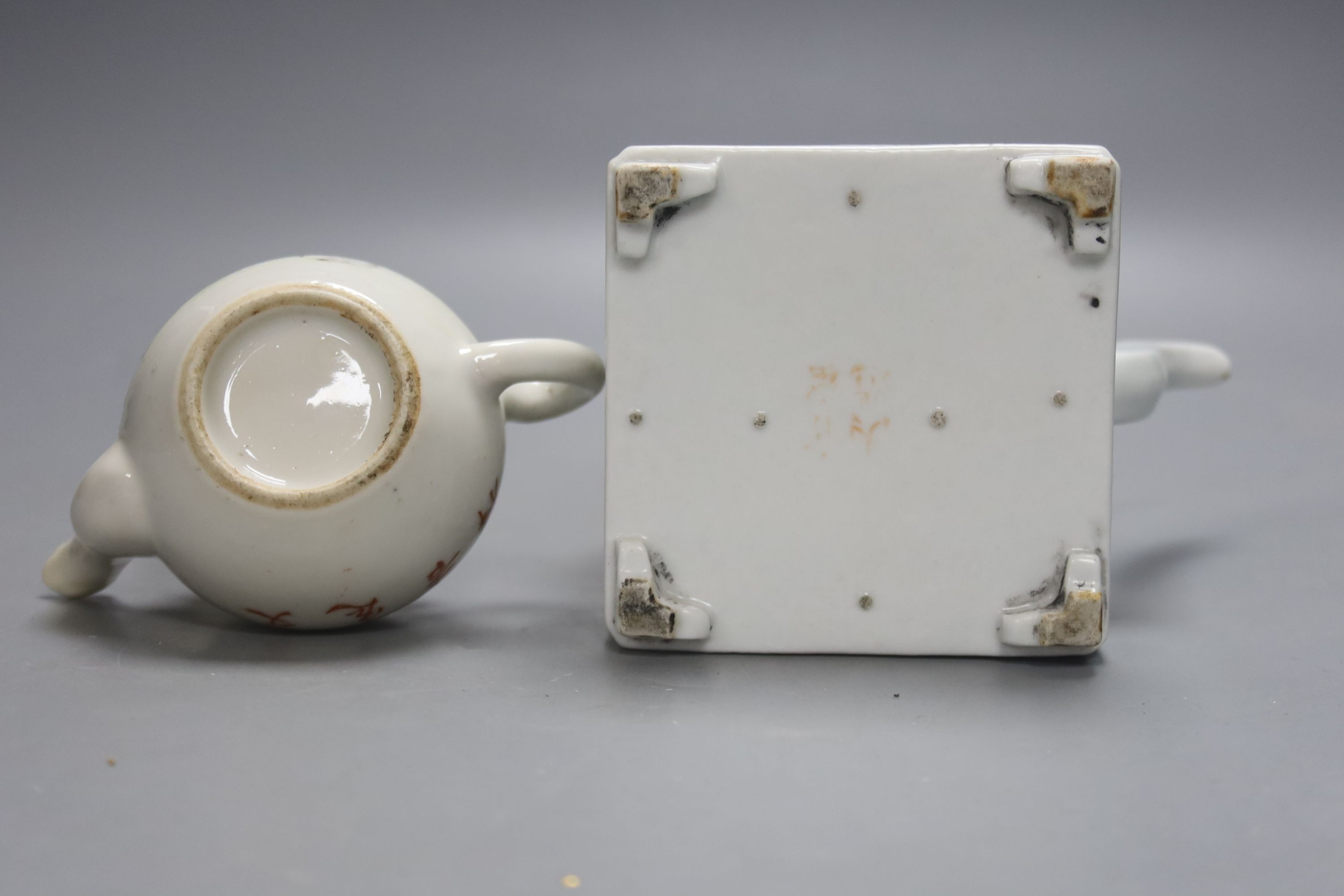 A Chinese enamelled porcelain square teapot and cover and a similar miniature teapot and cover, tallest 13cm